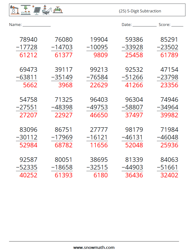 (25) 5-Digit Subtraction Math Worksheets 5 Question, Answer