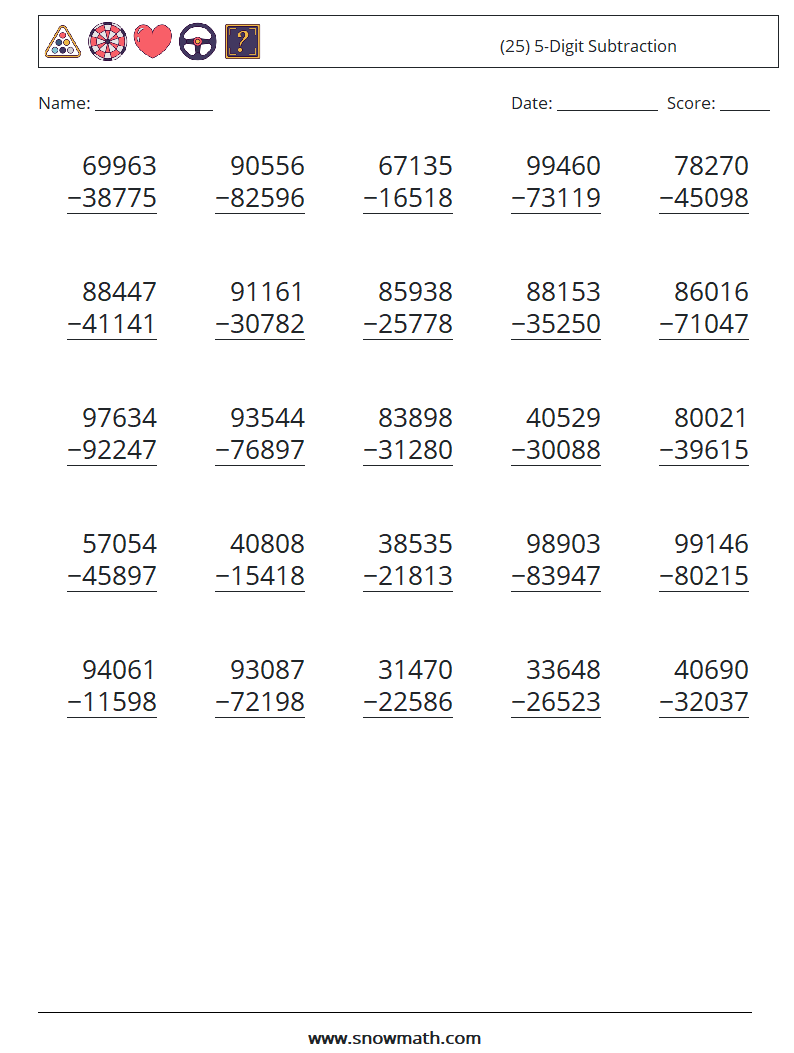 (25) 5-Digit Subtraction Math Worksheets 6