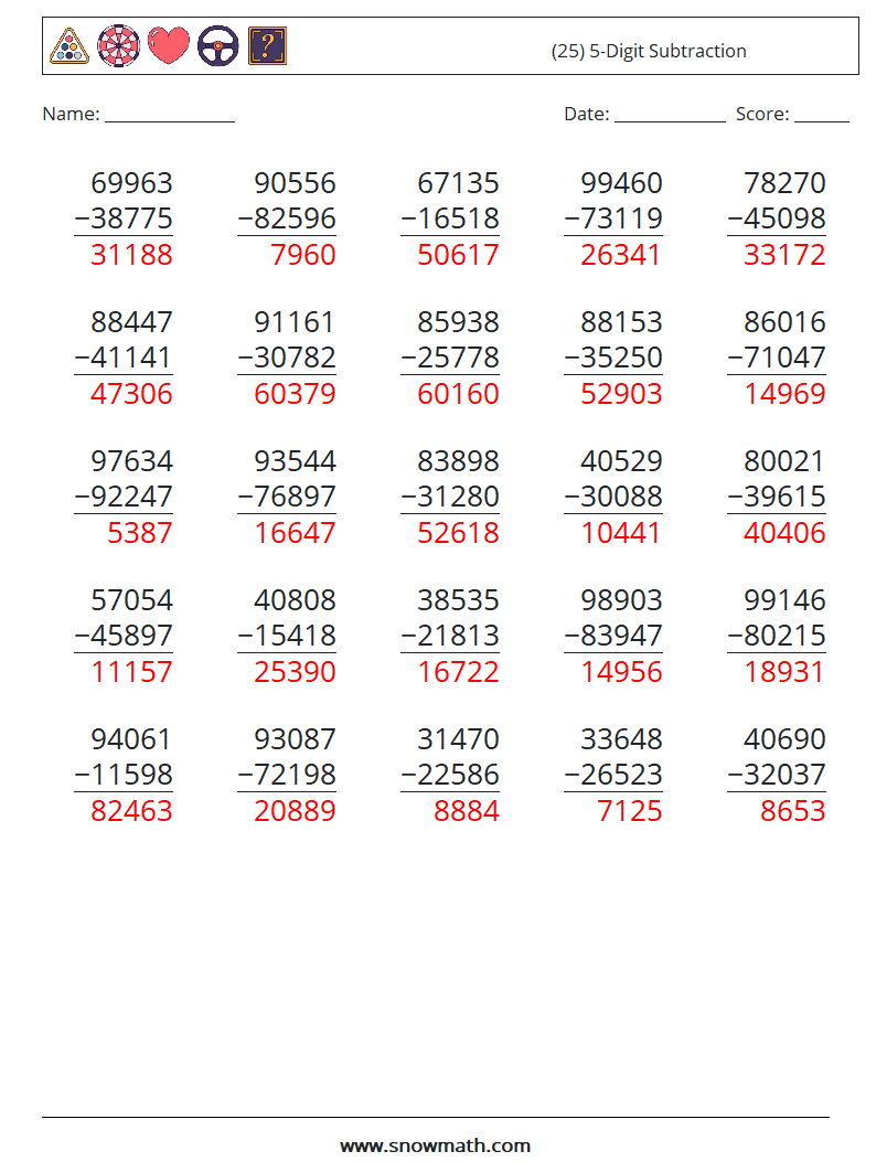 (25) 5-Digit Subtraction Math Worksheets 6 Question, Answer