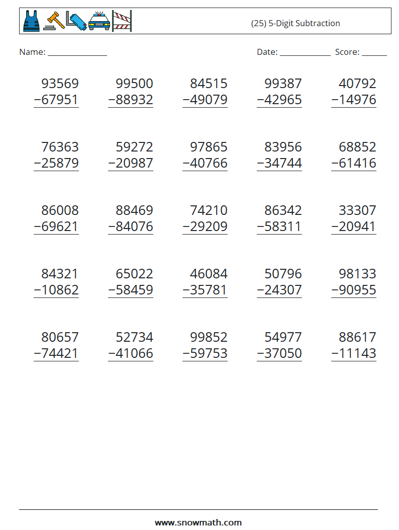 (25) 5-Digit Subtraction Maths Worksheets 7