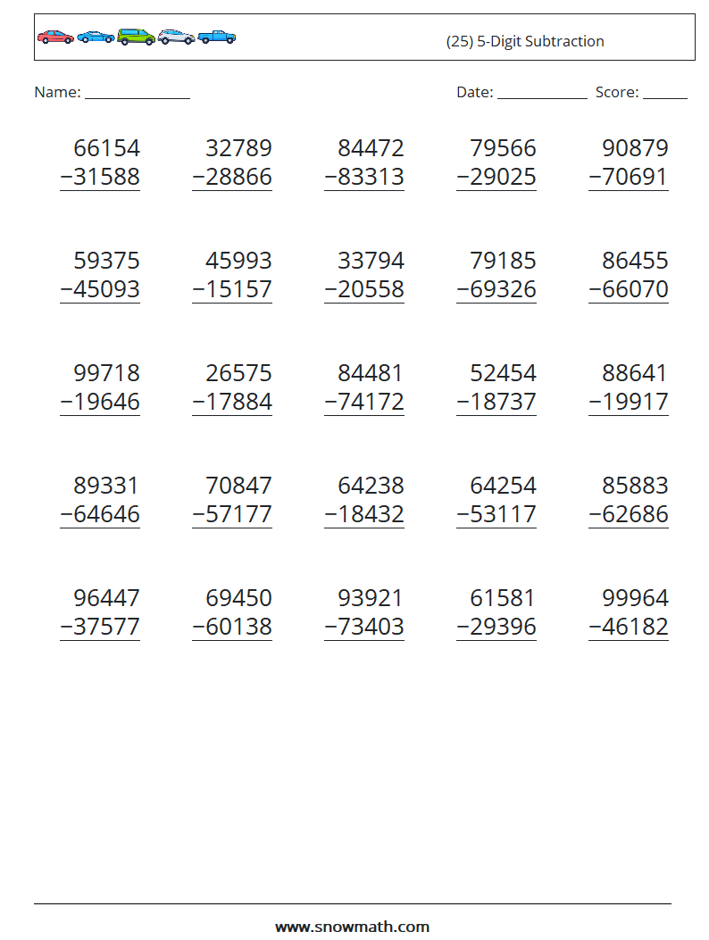 (25) 5-Digit Subtraction Math Worksheets 8