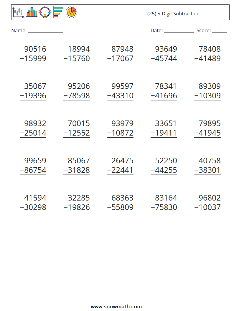 (25) 5-Digit Subtraction Math Worksheets 9