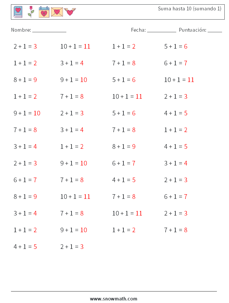 (50) Suma hasta 10 (sumando 1) Hojas de trabajo de matemáticas 6 Pregunta, respuesta