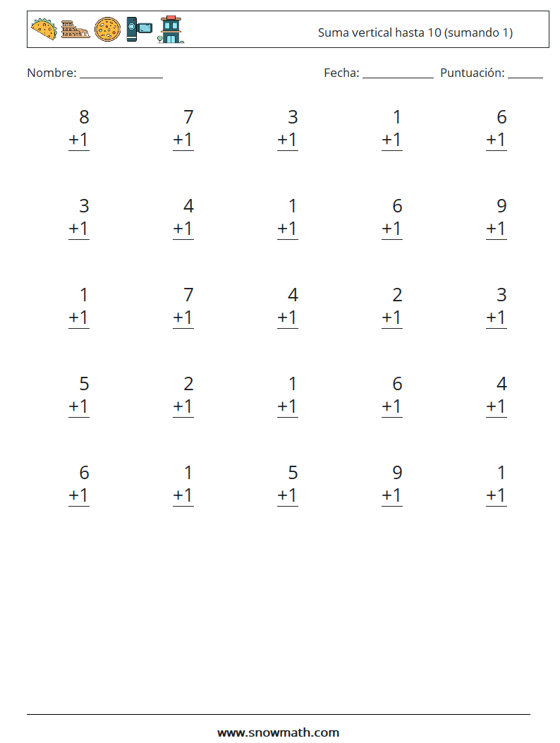 (25) Suma vertical hasta 10 (sumando 1) Hojas de trabajo de matemáticas 1