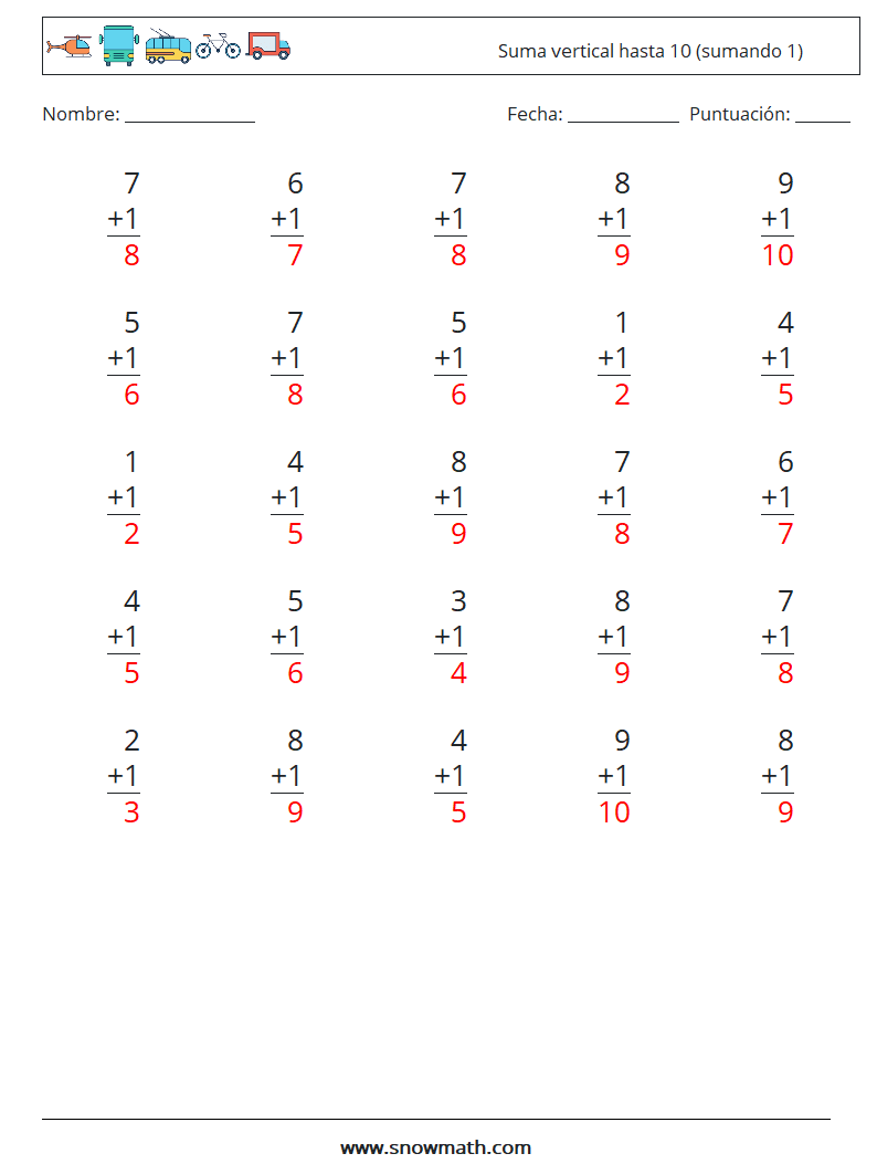 (25) Suma vertical hasta 10 (sumando 1) Hojas de trabajo de matemáticas 9 Pregunta, respuesta