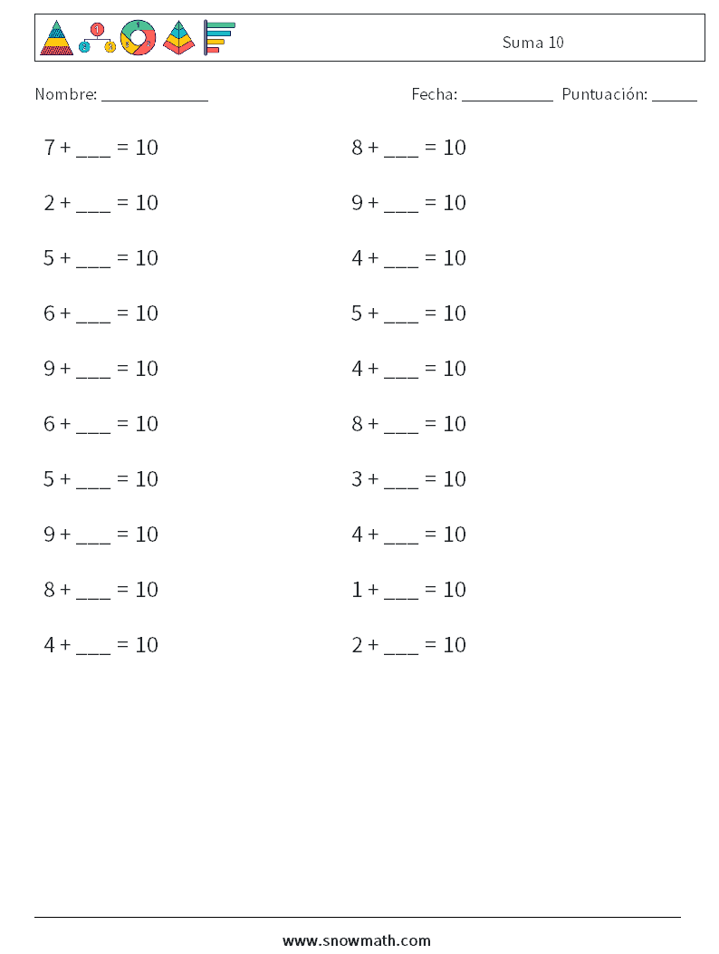 (20) Suma 10 Hojas de trabajo de matemáticas 1