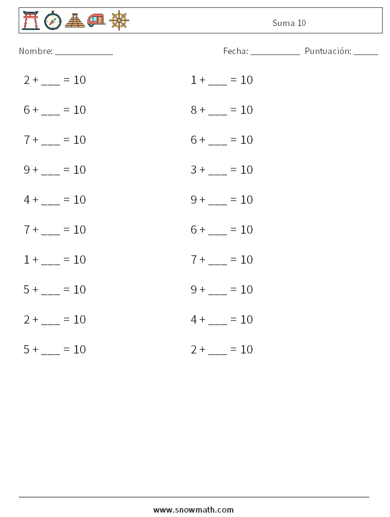 (20) Suma 10 Hojas de trabajo de matemáticas 5