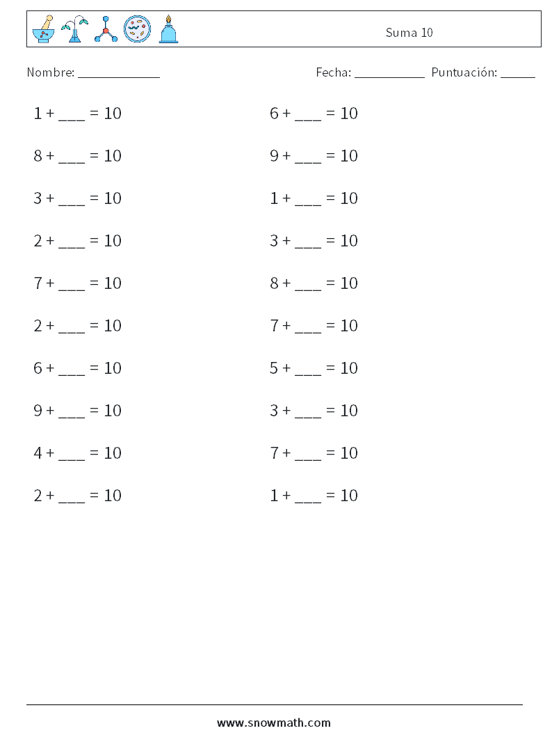 (20) Suma 10 Hojas de trabajo de matemáticas 8