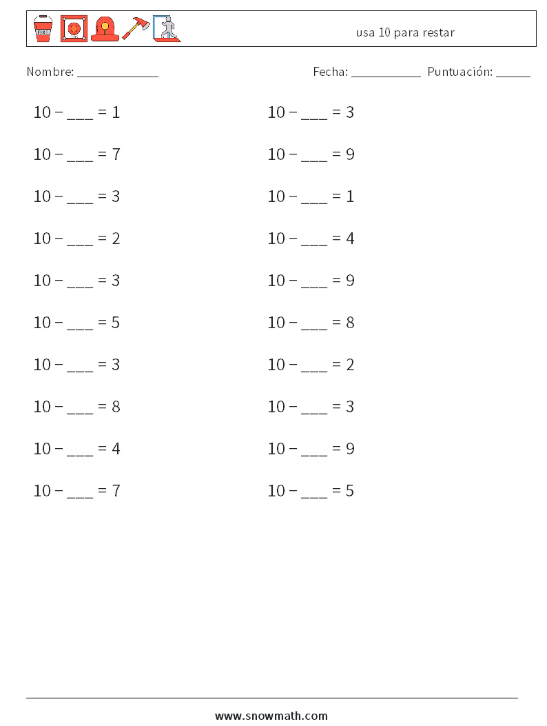 (20) usa 10 para restar Hojas de trabajo de matemáticas 1