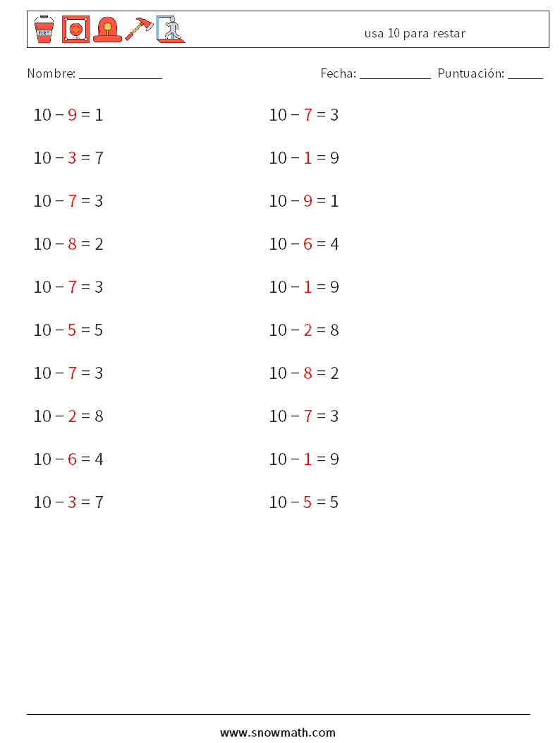 (20) usa 10 para restar Hojas de trabajo de matemáticas 1 Pregunta, respuesta