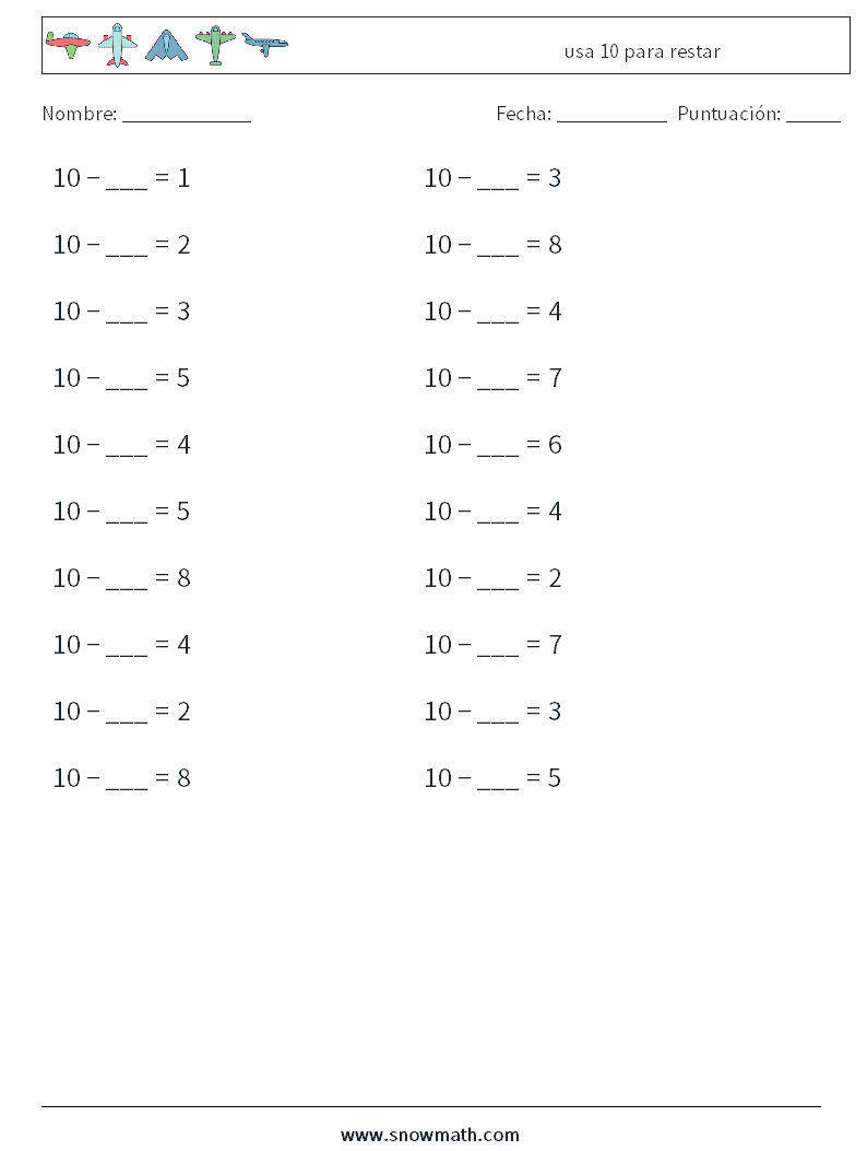 (20) usa 10 para restar Hojas de trabajo de matemáticas 2