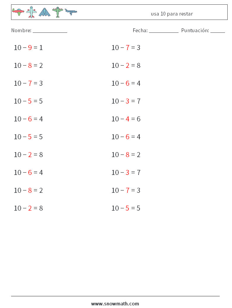 (20) usa 10 para restar Hojas de trabajo de matemáticas 2 Pregunta, respuesta