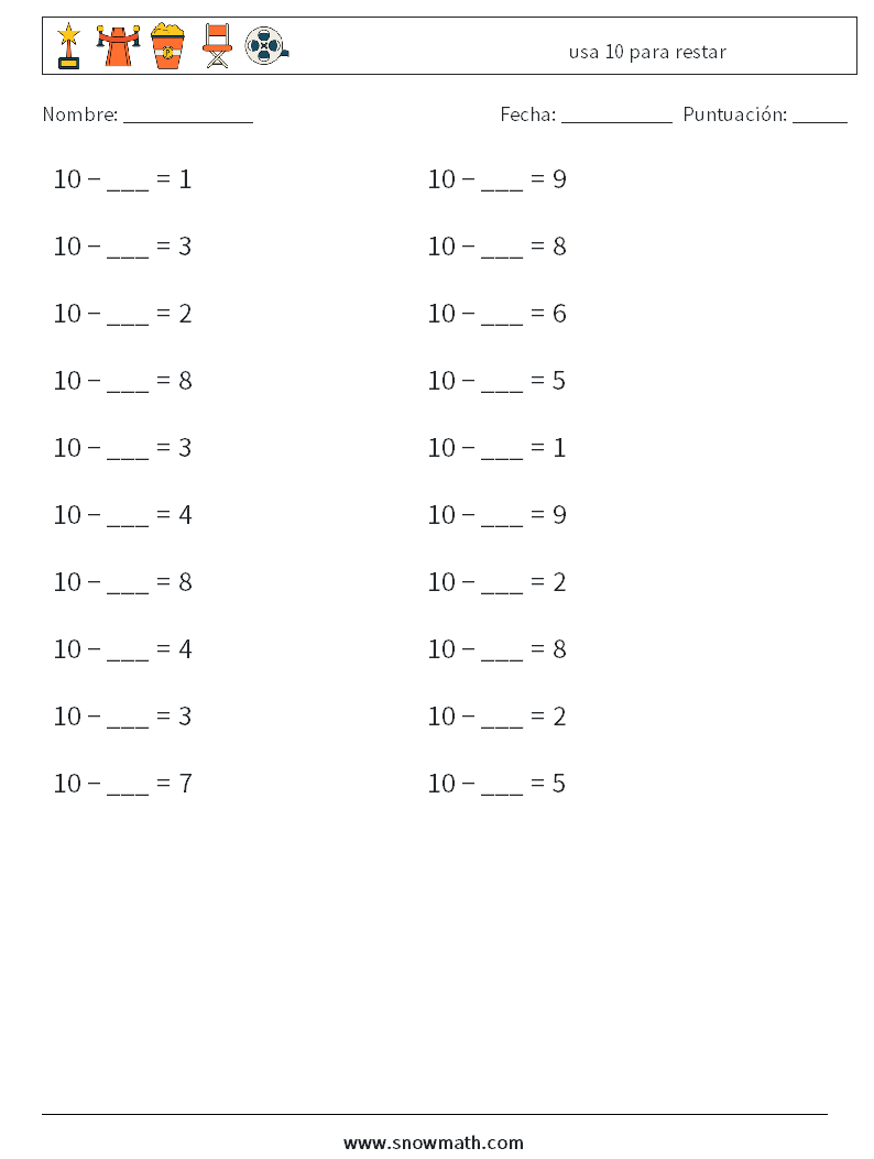 (20) usa 10 para restar Hojas de trabajo de matemáticas 3
