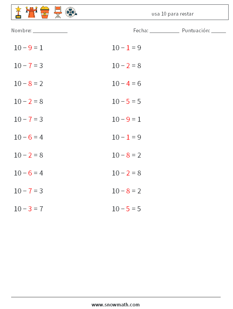 (20) usa 10 para restar Hojas de trabajo de matemáticas 3 Pregunta, respuesta