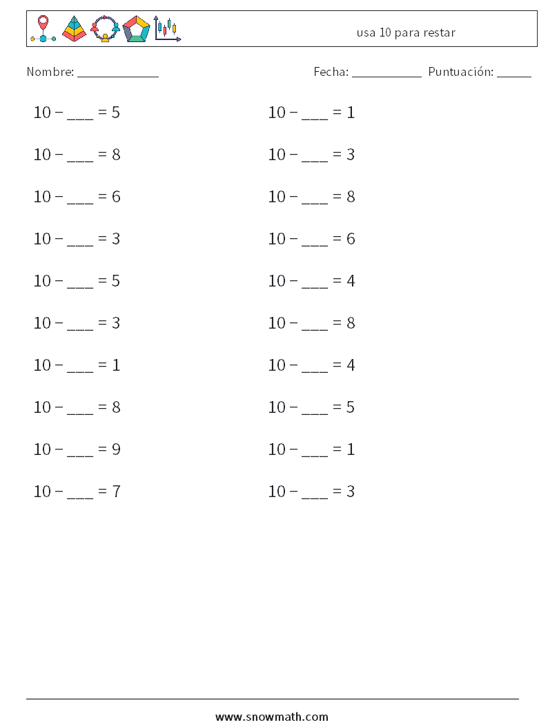 (20) usa 10 para restar Hojas de trabajo de matemáticas 4