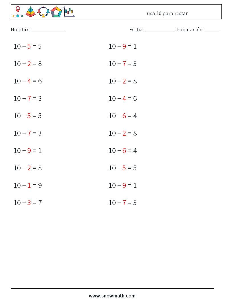 (20) usa 10 para restar Hojas de trabajo de matemáticas 4 Pregunta, respuesta