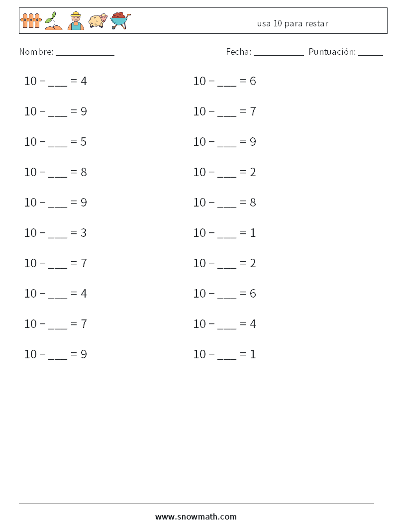 (20) usa 10 para restar Hojas de trabajo de matemáticas 5