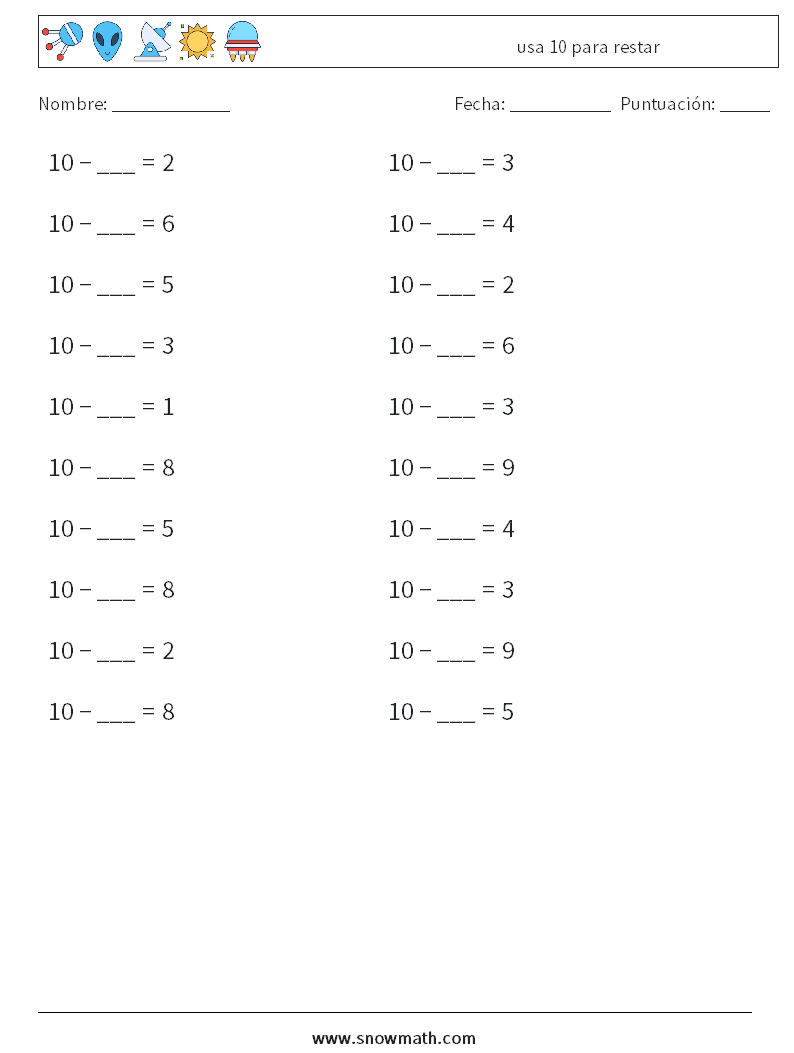 (20) usa 10 para restar Hojas de trabajo de matemáticas 6
