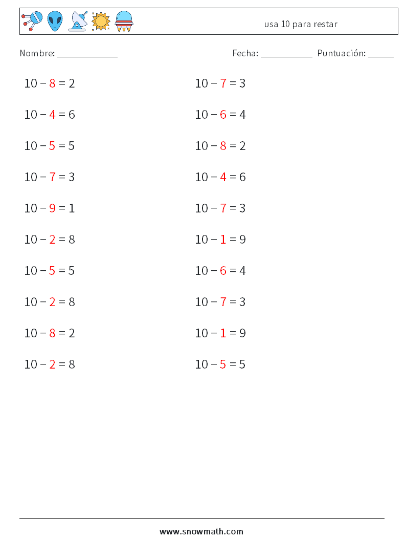 (20) usa 10 para restar Hojas de trabajo de matemáticas 6 Pregunta, respuesta