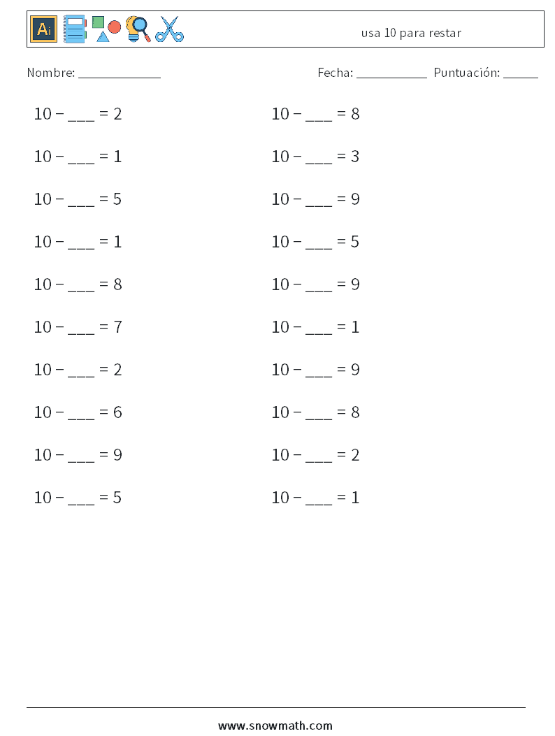 (20) usa 10 para restar Hojas de trabajo de matemáticas 7