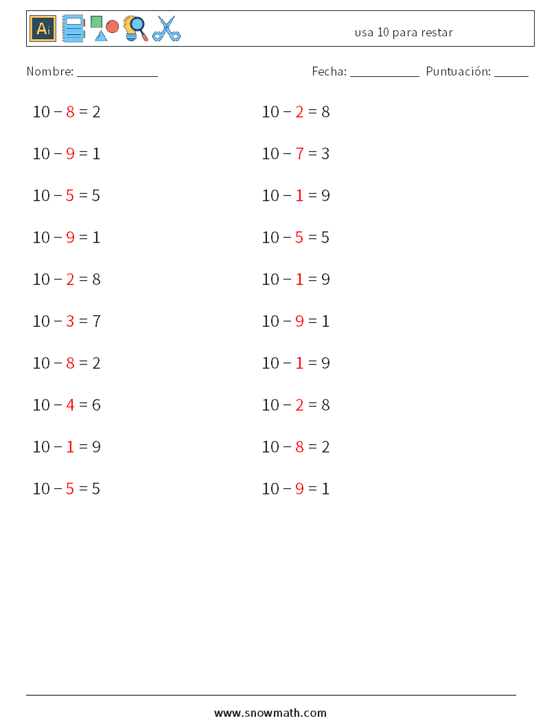 (20) usa 10 para restar Hojas de trabajo de matemáticas 7 Pregunta, respuesta