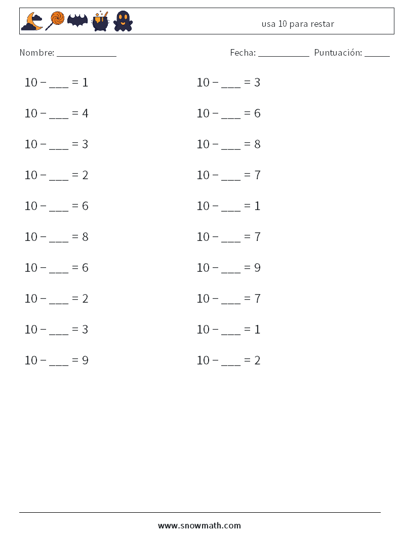 (20) usa 10 para restar Hojas de trabajo de matemáticas 8