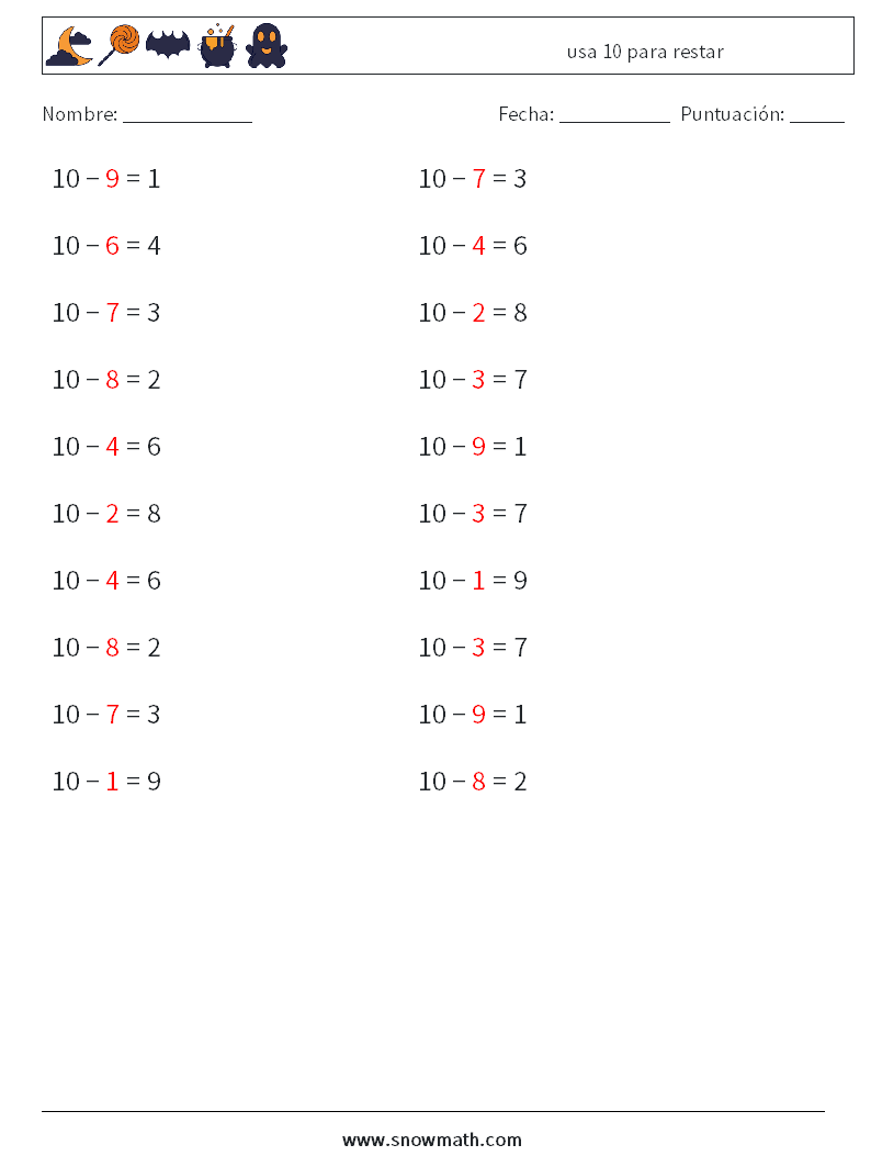(20) usa 10 para restar Hojas de trabajo de matemáticas 8 Pregunta, respuesta