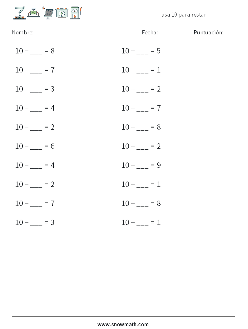 (20) usa 10 para restar Hojas de trabajo de matemáticas 9