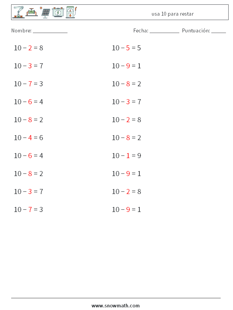 (20) usa 10 para restar Hojas de trabajo de matemáticas 9 Pregunta, respuesta