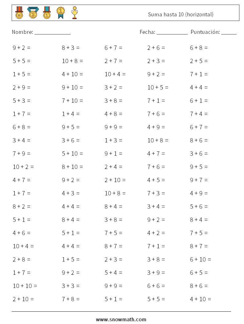 (100) Suma hasta 10 (horizontal) Hojas de trabajo de matemáticas 2