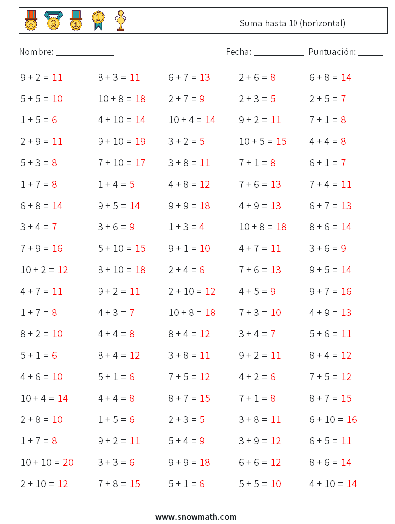 (100) Suma hasta 10 (horizontal) Hojas de trabajo de matemáticas 2 Pregunta, respuesta