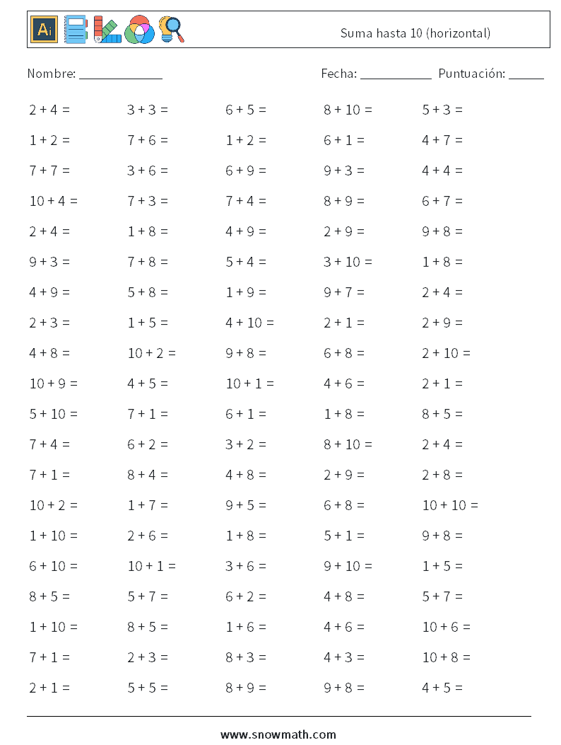 (100) Suma hasta 10 (horizontal) Hojas de trabajo de matemáticas 3