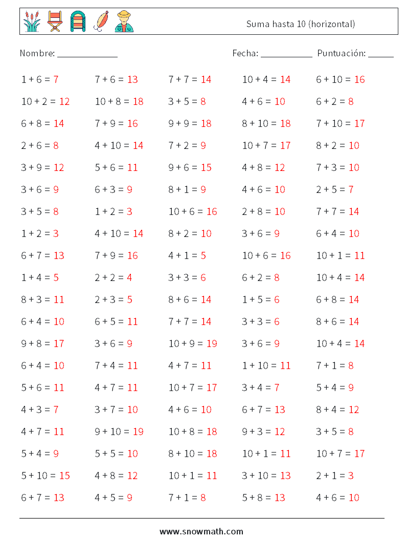 (100) Suma hasta 10 (horizontal) Hojas de trabajo de matemáticas 4 Pregunta, respuesta