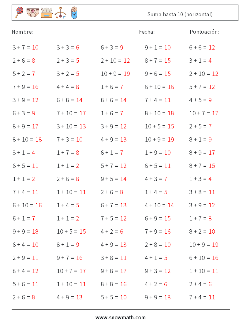 (100) Suma hasta 10 (horizontal) Hojas de trabajo de matemáticas 5 Pregunta, respuesta