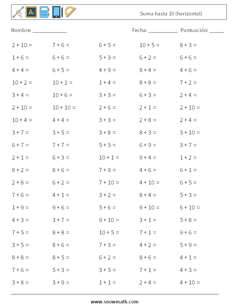 (100) Suma hasta 10 (horizontal) Hojas de trabajo de matemáticas 6