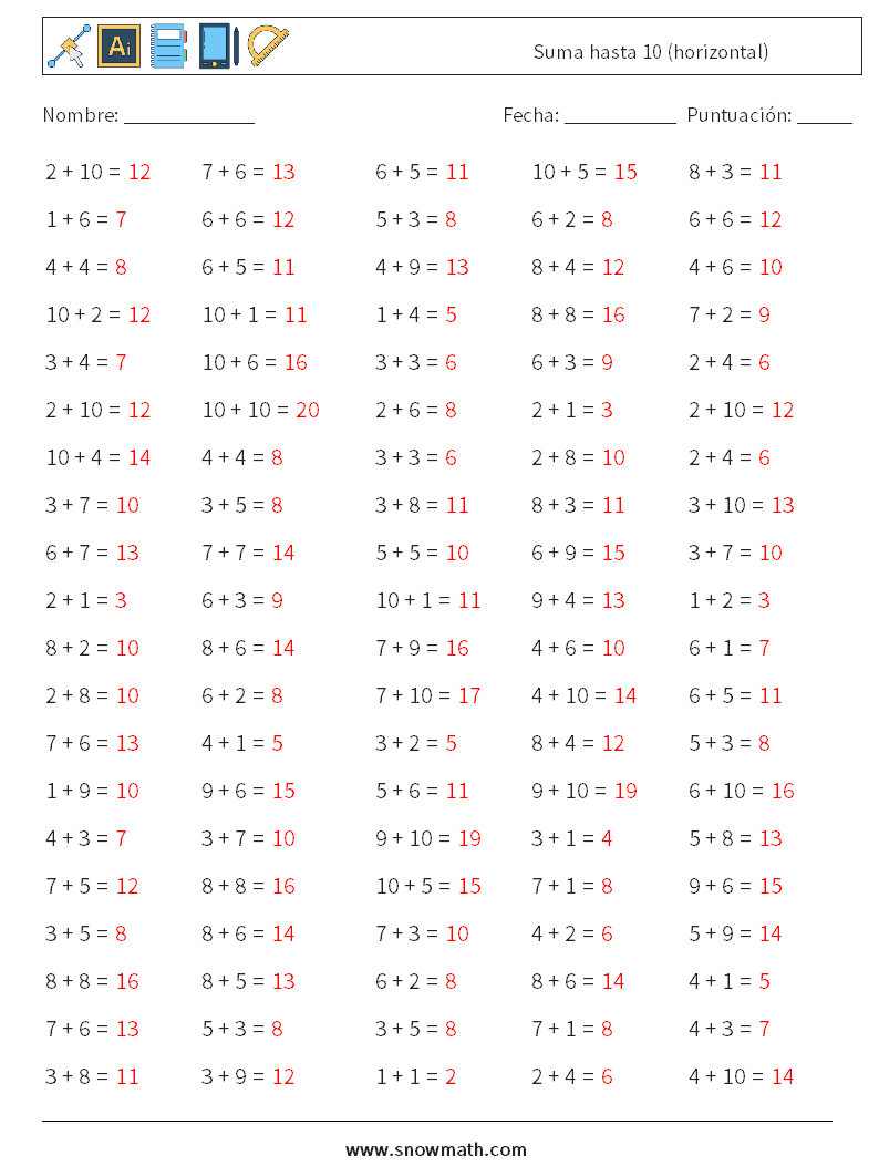 (100) Suma hasta 10 (horizontal) Hojas de trabajo de matemáticas 6 Pregunta, respuesta