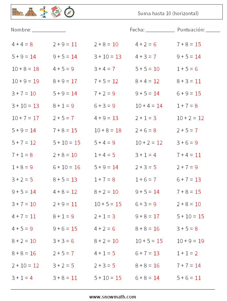 (100) Suma hasta 10 (horizontal) Hojas de trabajo de matemáticas 7 Pregunta, respuesta