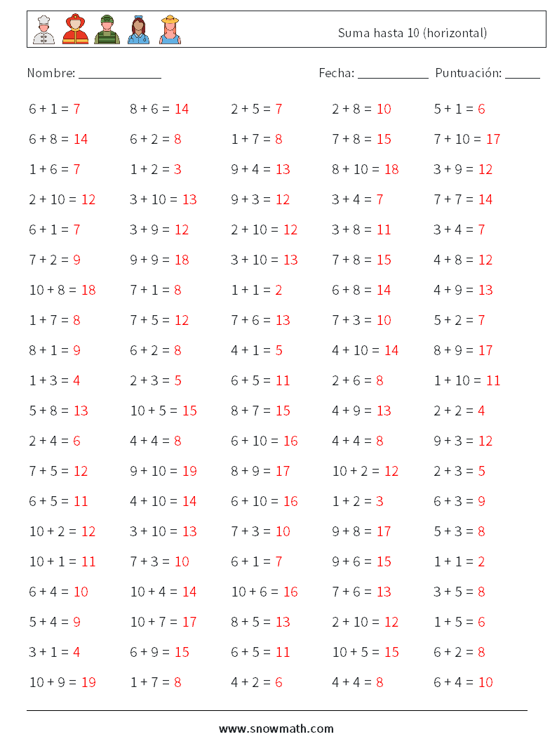 (100) Suma hasta 10 (horizontal) Hojas de trabajo de matemáticas 8 Pregunta, respuesta