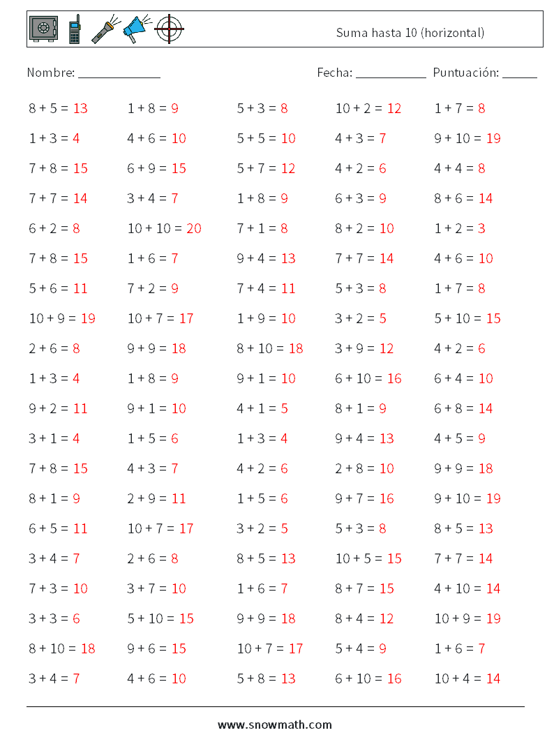 (100) Suma hasta 10 (horizontal) Hojas de trabajo de matemáticas 9 Pregunta, respuesta