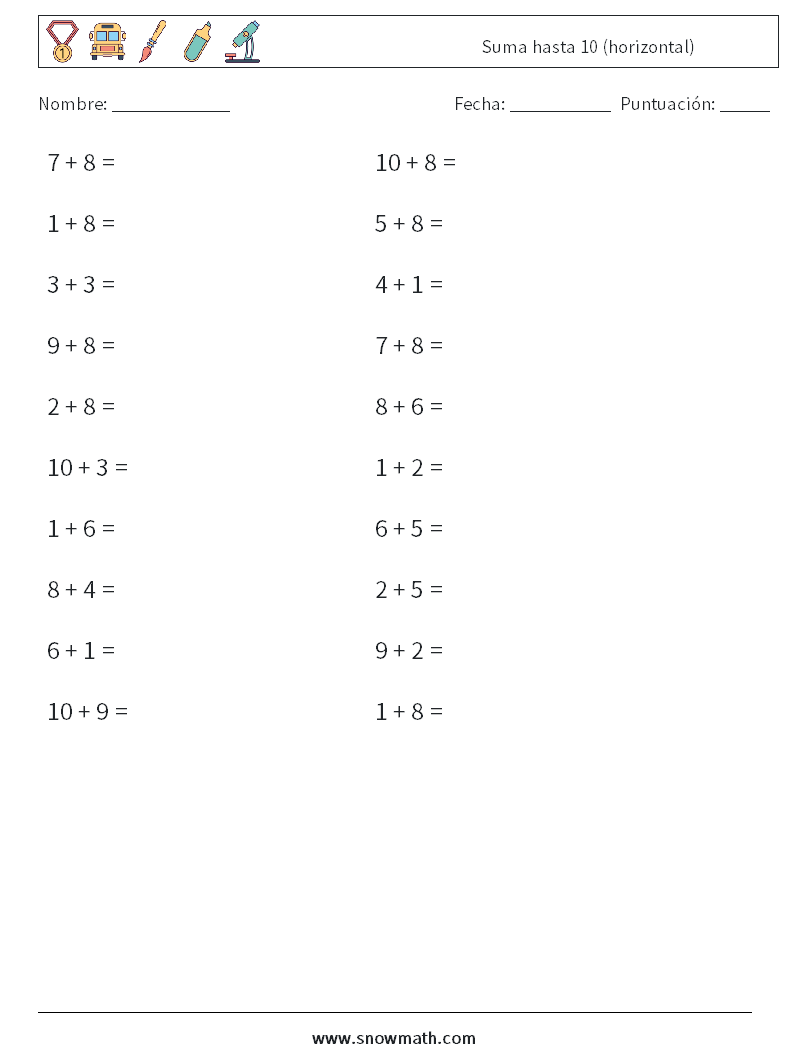 (20) Suma hasta 10 (horizontal) Hojas de trabajo de matemáticas 1