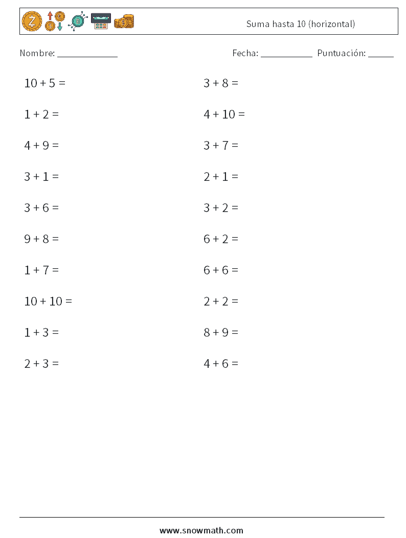 (20) Suma hasta 10 (horizontal) Hojas de trabajo de matemáticas 9
