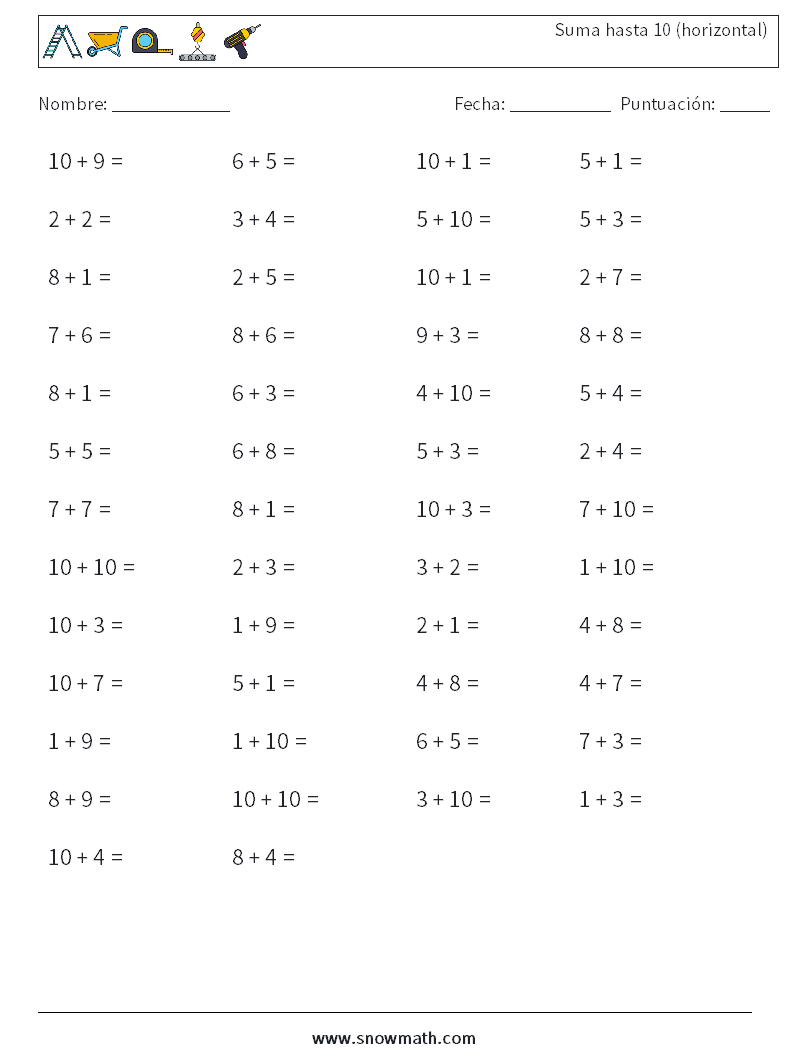 (50) Suma hasta 10 (horizontal) Hojas de trabajo de matemáticas 1