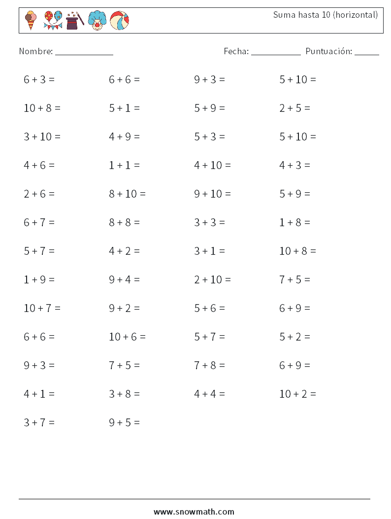 (50) Suma hasta 10 (horizontal) Hojas de trabajo de matemáticas 3