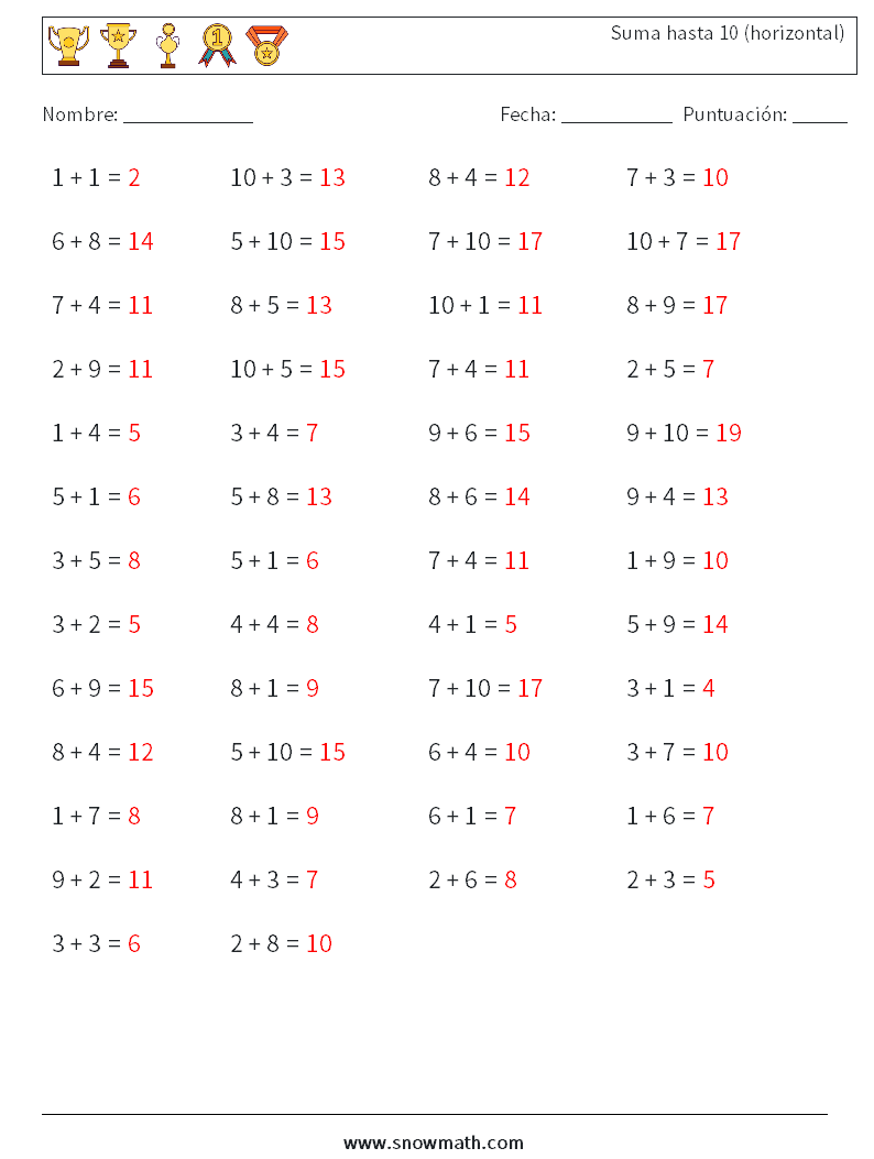 (50) Suma hasta 10 (horizontal) Hojas de trabajo de matemáticas 4 Pregunta, respuesta