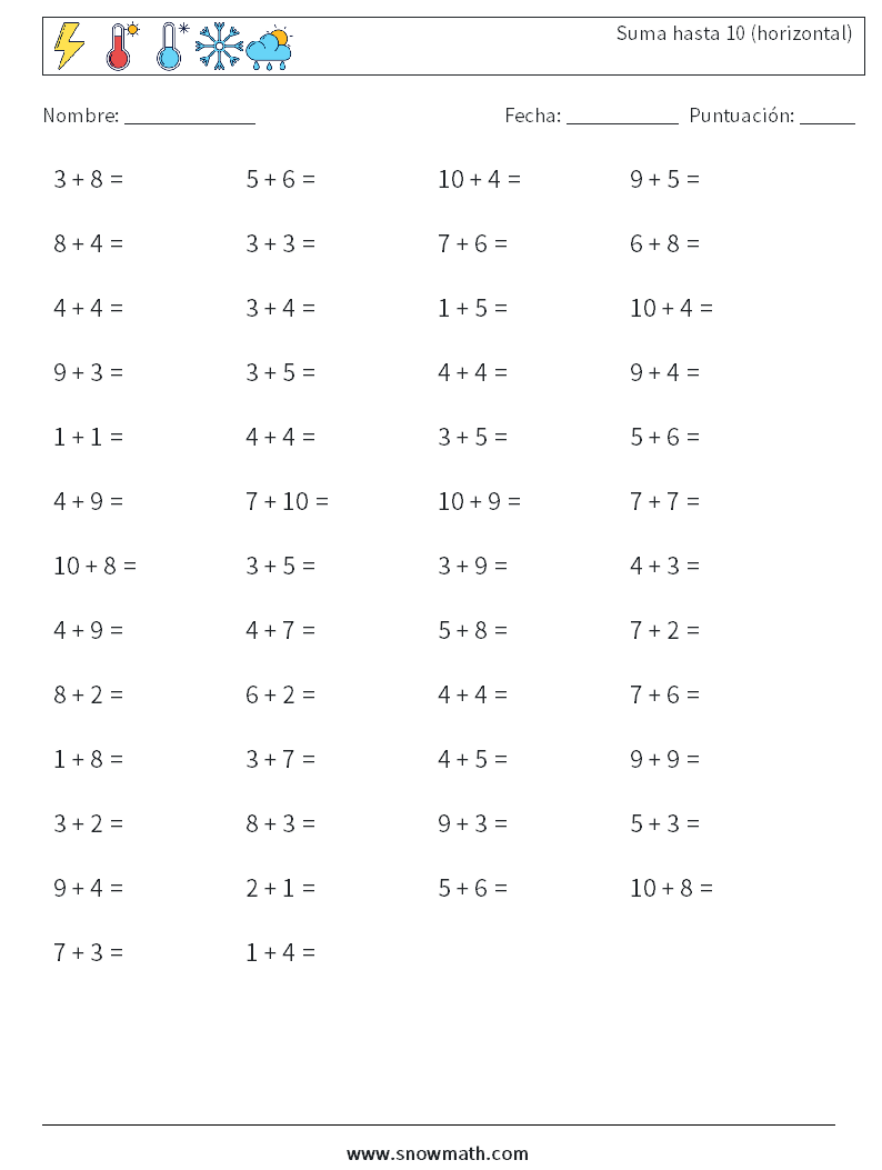 (50) Suma hasta 10 (horizontal) Hojas de trabajo de matemáticas 5