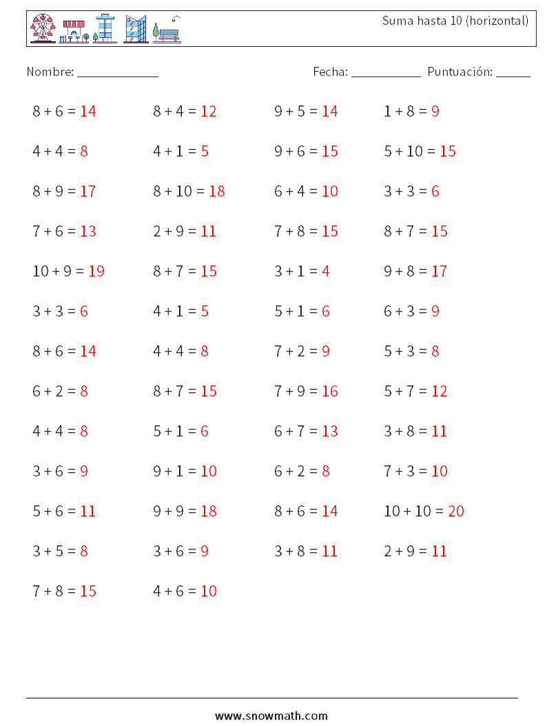 (50) Suma hasta 10 (horizontal) Hojas de trabajo de matemáticas 6 Pregunta, respuesta