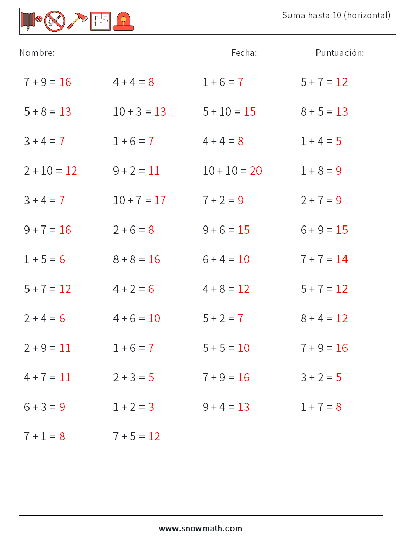 (50) Suma hasta 10 (horizontal) Hojas de trabajo de matemáticas 7 Pregunta, respuesta