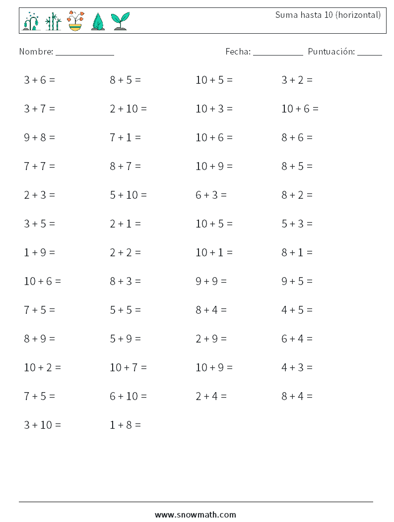 (50) Suma hasta 10 (horizontal) Hojas de trabajo de matemáticas 9