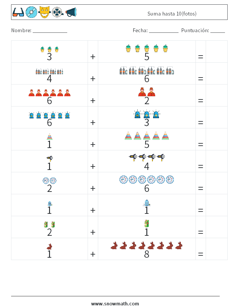 Suma hasta 10(fotos) Hojas de trabajo de matemáticas 1