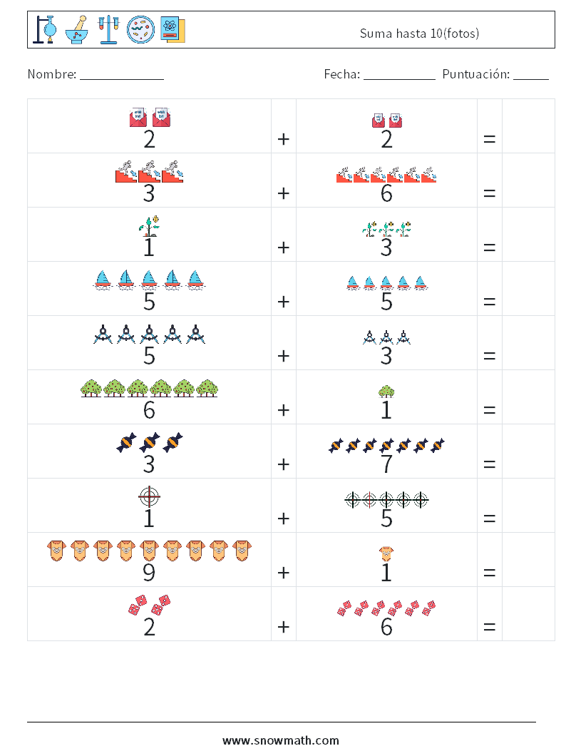Suma hasta 10(fotos) Hojas de trabajo de matemáticas 10